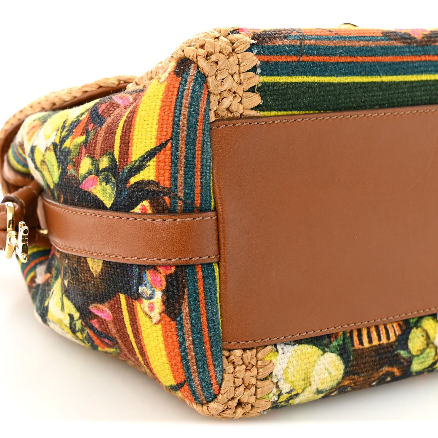 Raffia Crochet Embroidered Padlock Flap Satchel Beige Multicolor