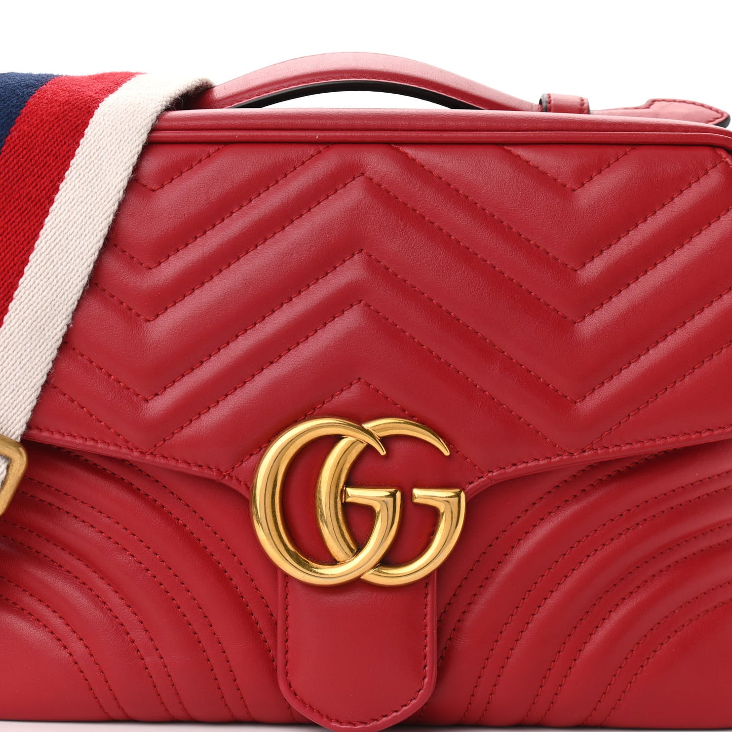 Calfskin Matelasse Sylvie Web Small GG Marmont Top Handle Shoulder Bag Hibiscus Red