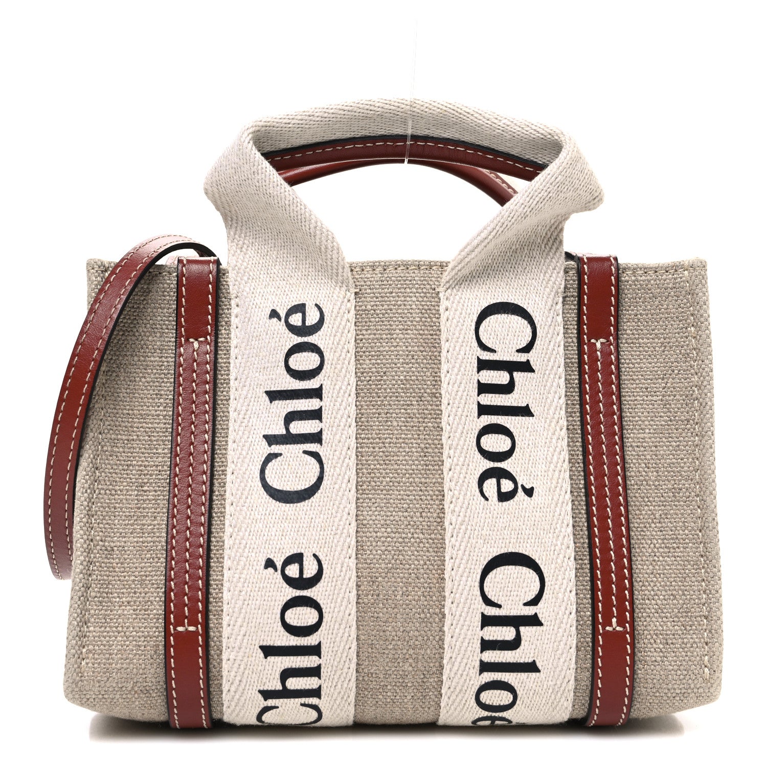 Chloe Linen Calfskin Mini Woody Ribbon Tote White Brown 1 of 10