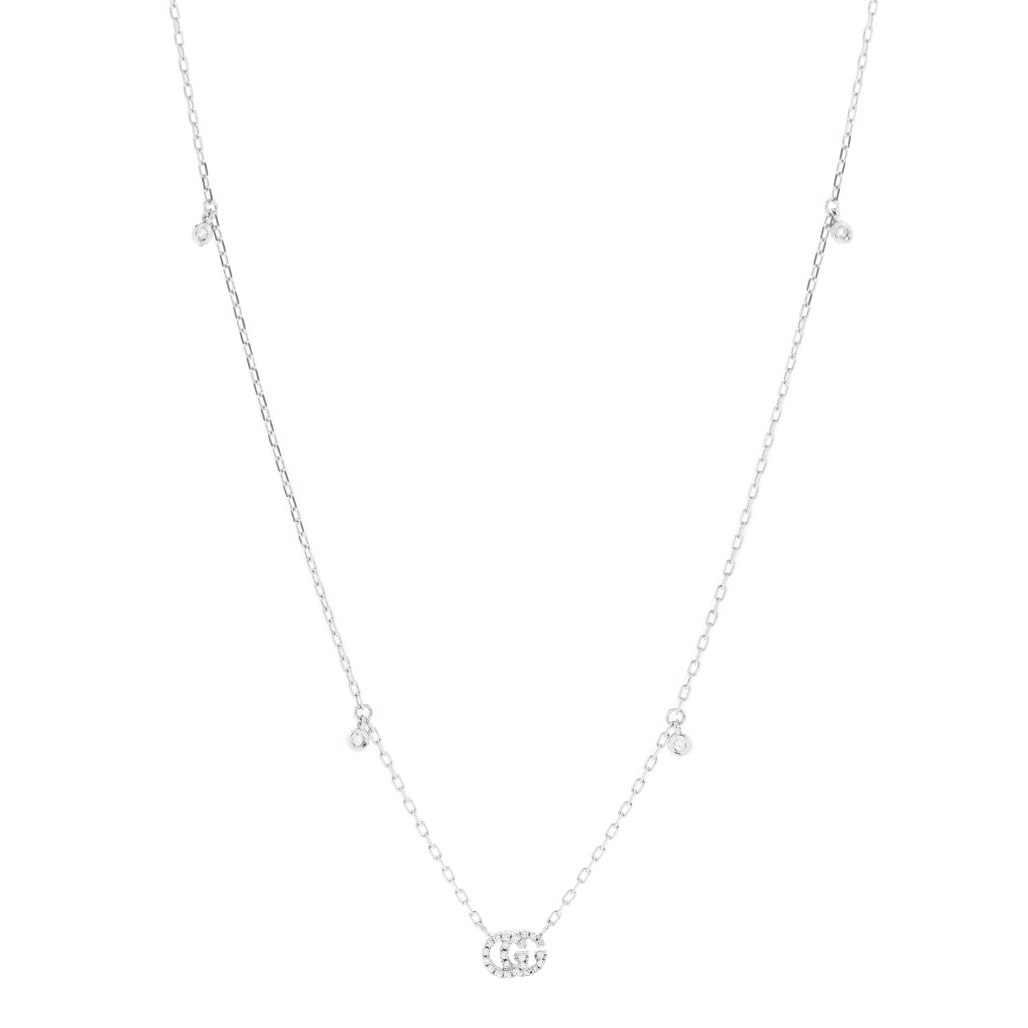 Gucci 18K White Gold Diamond Running GG Pendant Necklace 1 of 8