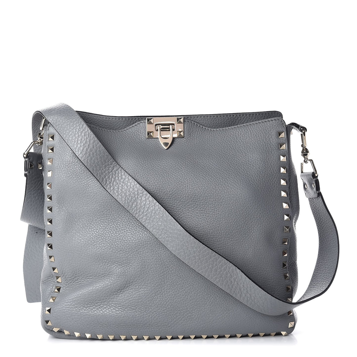 Pebbled Calfskin Large Rockstud Flip-Lock Messenger Bag Light Stone