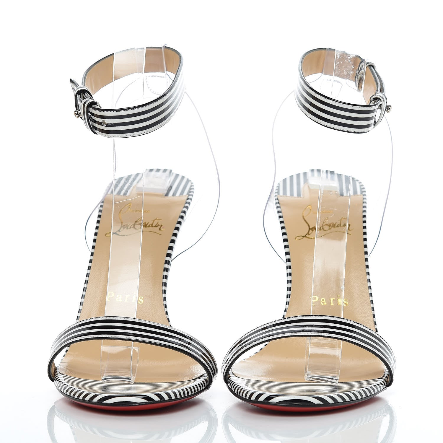 Christian Louboutin Patent PVC Striped Illusion Jonatina 100 Sandals 37.5 Black White 3 of 9