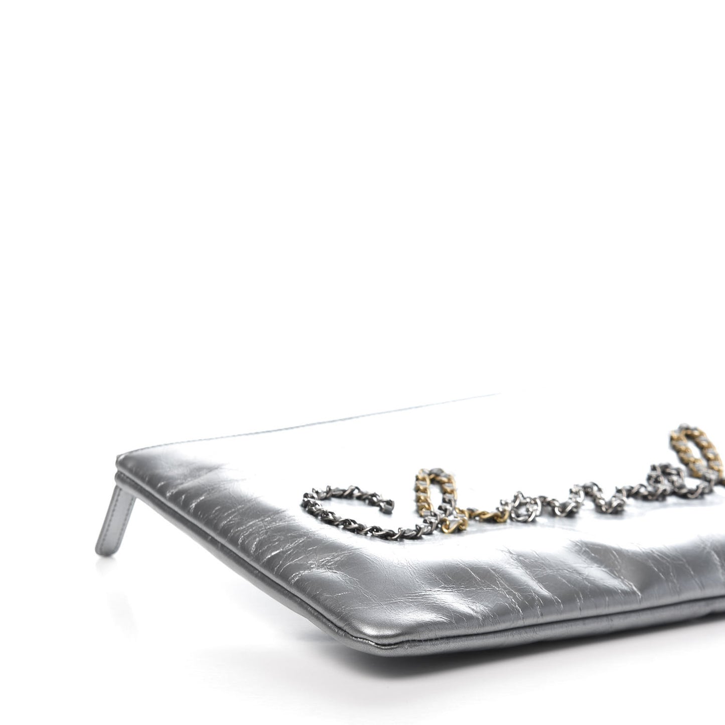 Metallic Crumpled Calfskin Chain 20s Signature Pouch Silver