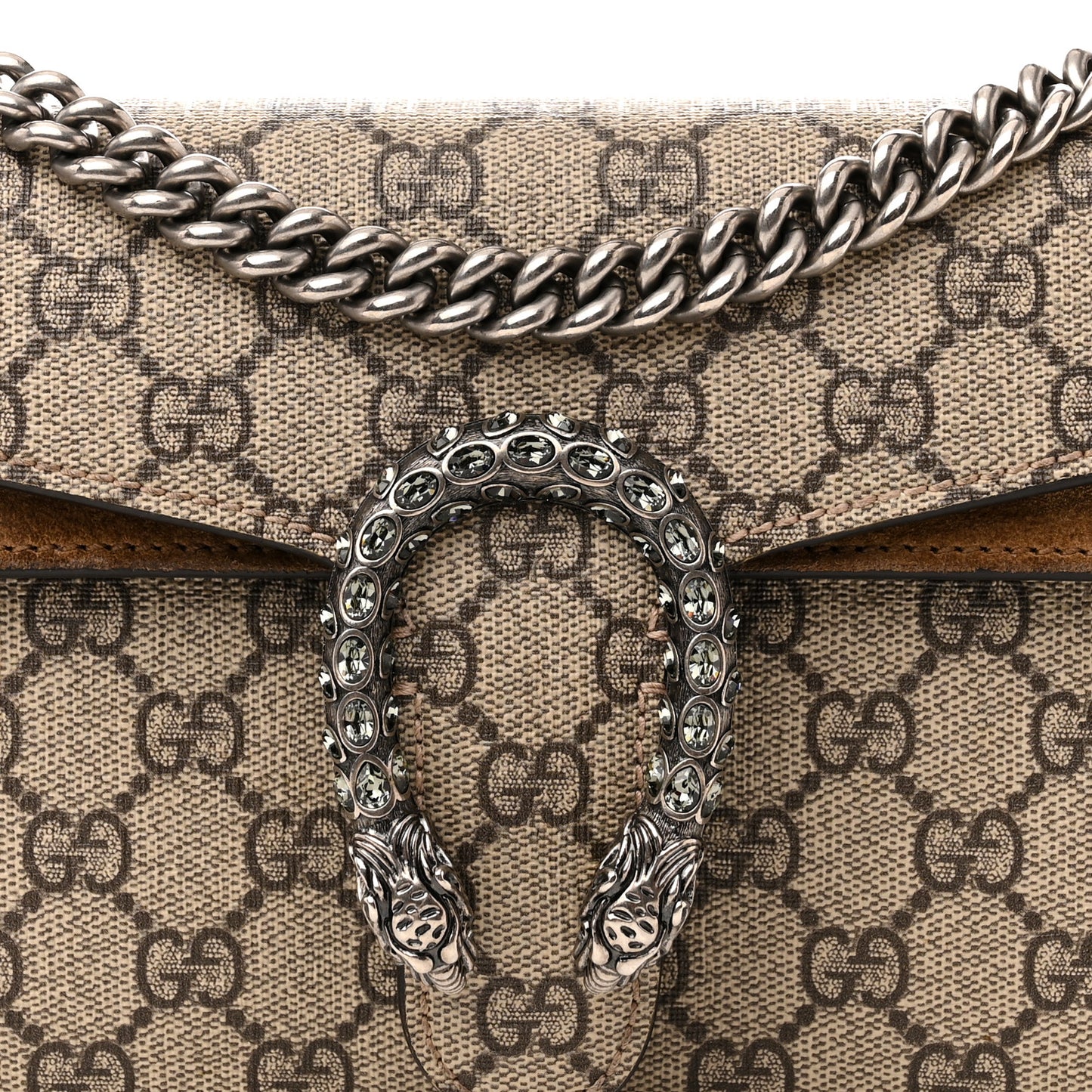 GG Supreme Monogram Suede Crystal Small Dionysus Shoulder Bag Beige Ebony Taupe