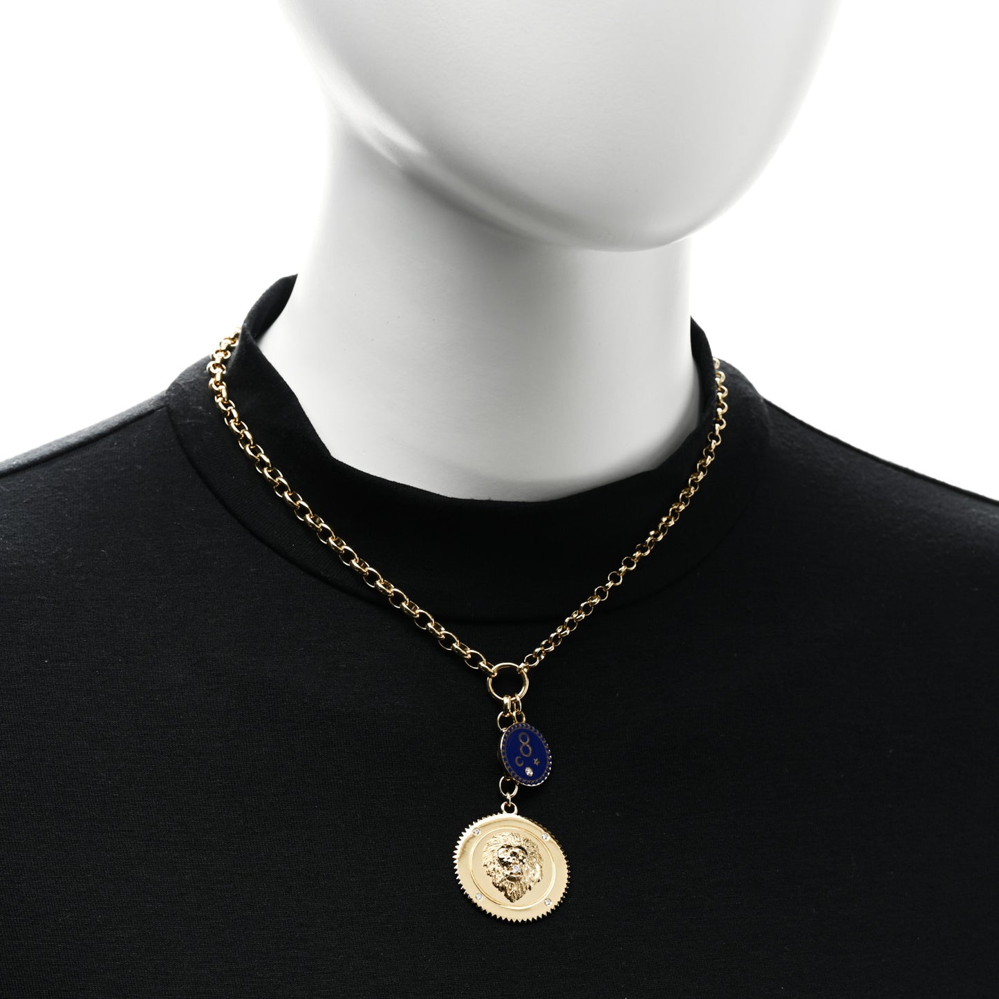 18K Yellow Gold Enamel Large Strength Petite Karma Medallion Heavy Mixed Belcher Extension Chain Necklace Blue