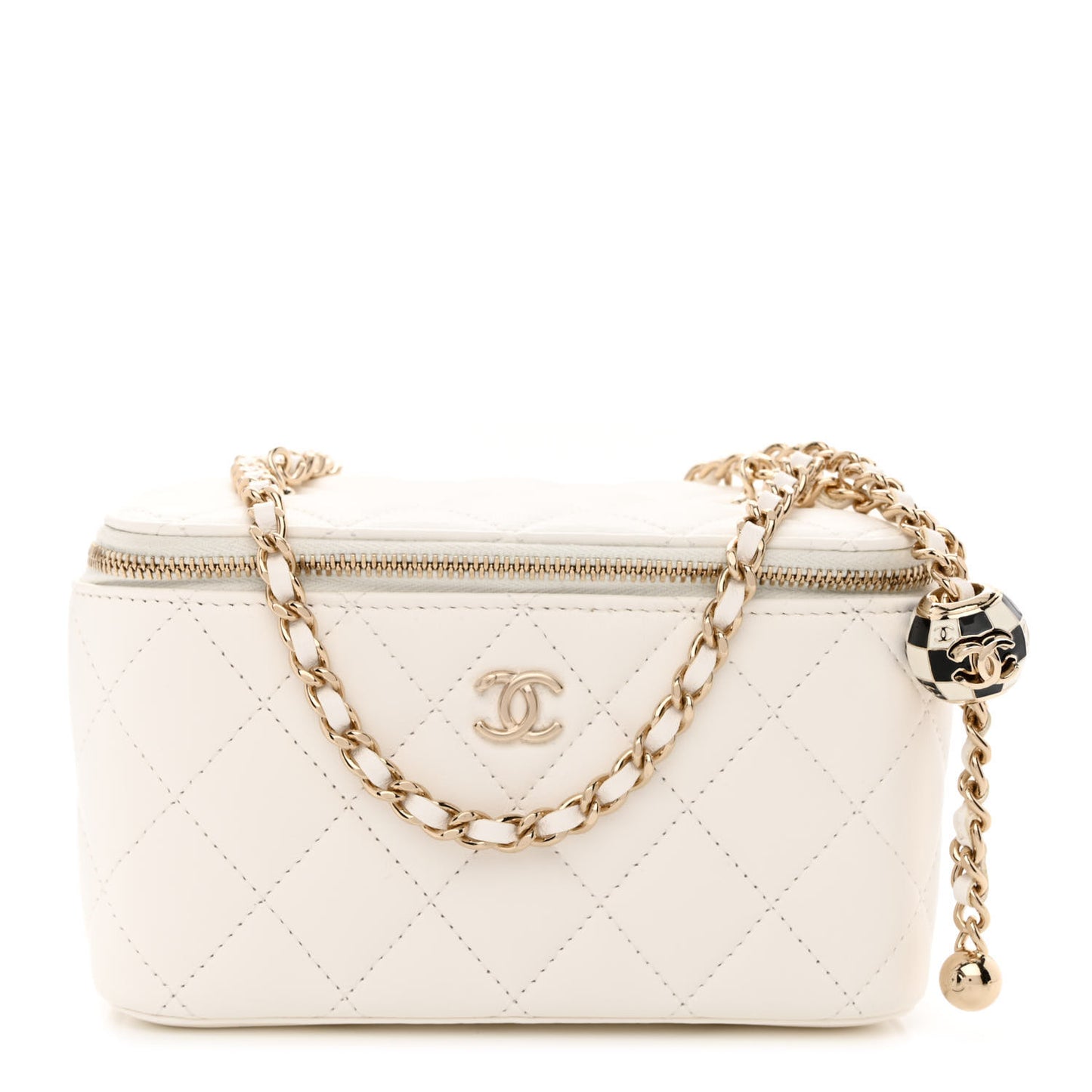 Lambskin Quilted Enamel CC Pearl Crush Small Vanity Case With Chain White