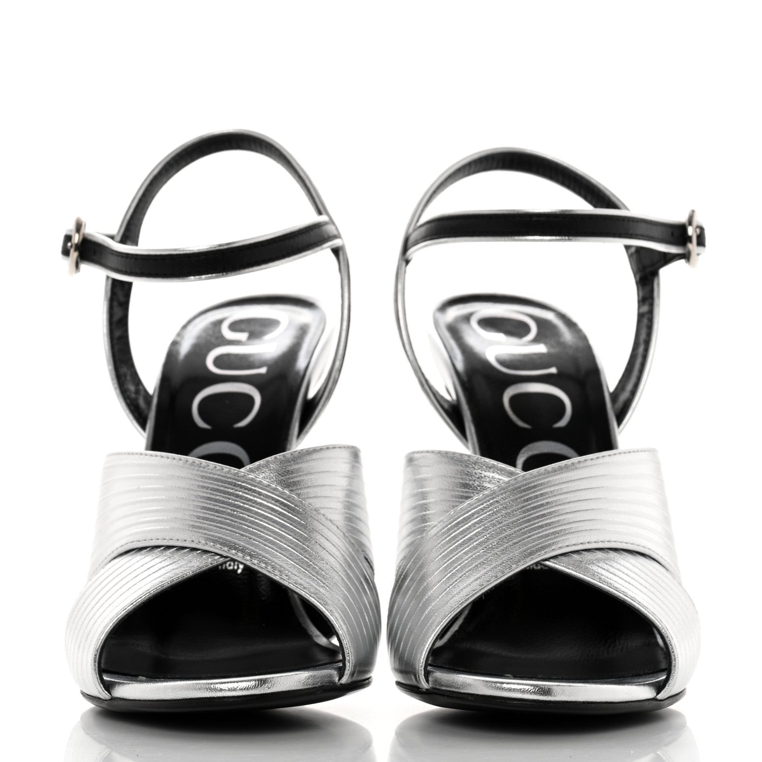 Gucci Malaga Kid Webby Crossover High Heel Sandals 37 Silver 2 of 9