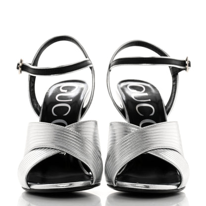 Gucci Malaga Kid Webby Crossover High Heel Sandals 37 Silver 2 of 9