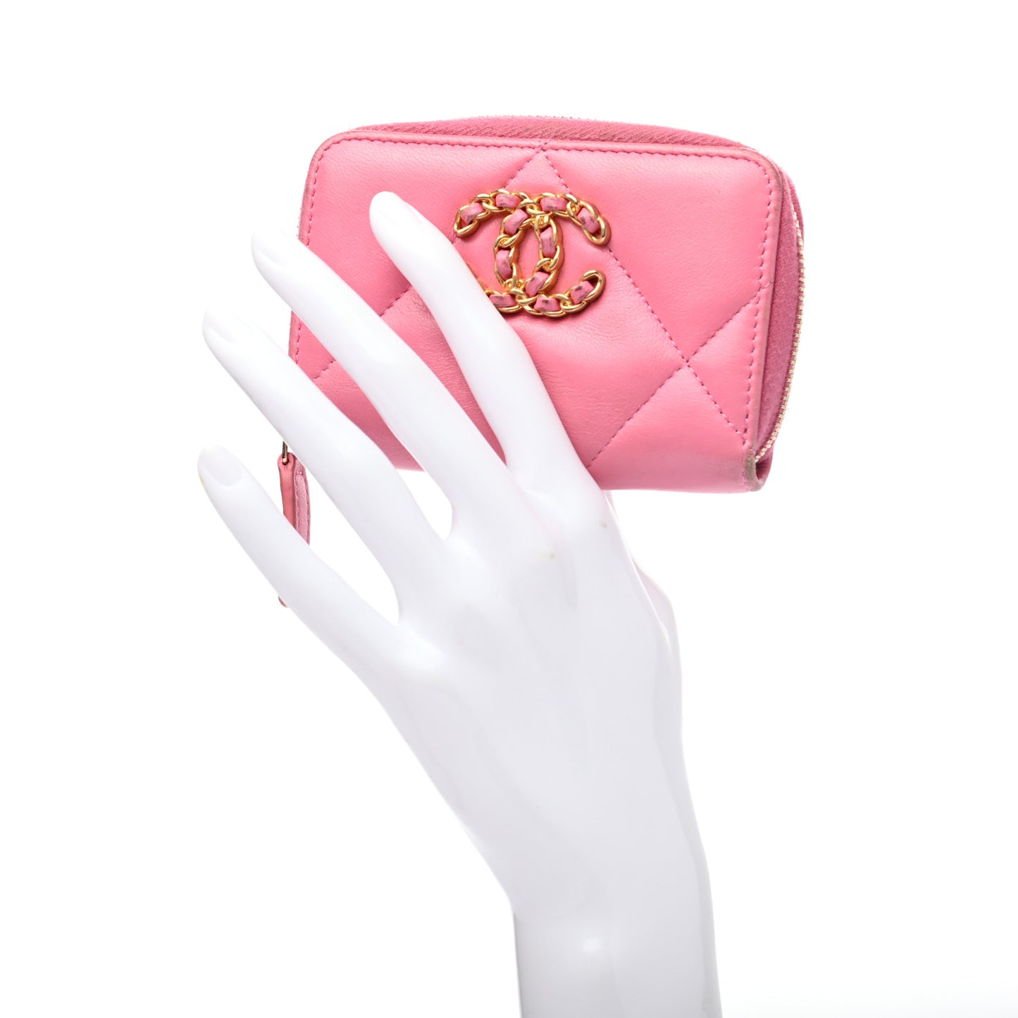 Lambskin Quilted Chanel 19 Zip Around Coin Purse Wallet Pink