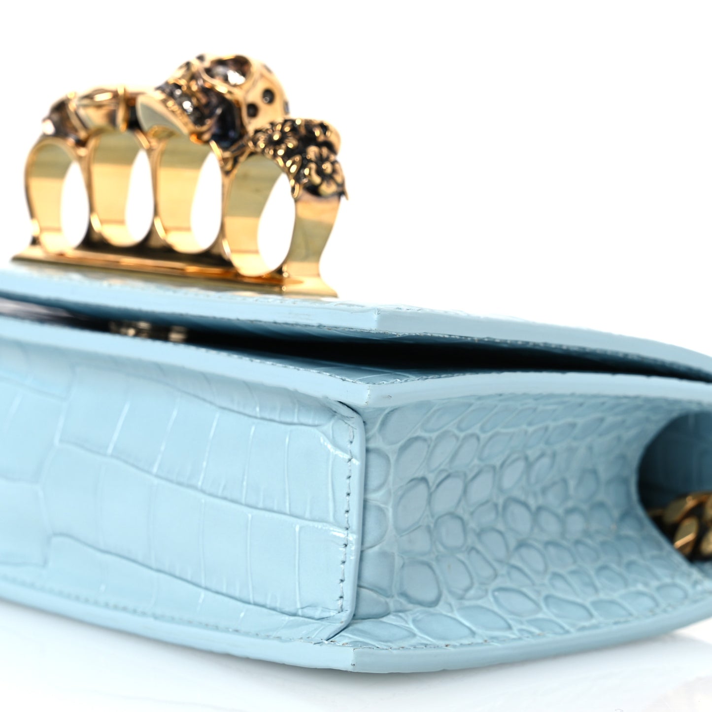 Calfskin Crocodile Embossed Knuckle Shoulder Bag Pale Blue