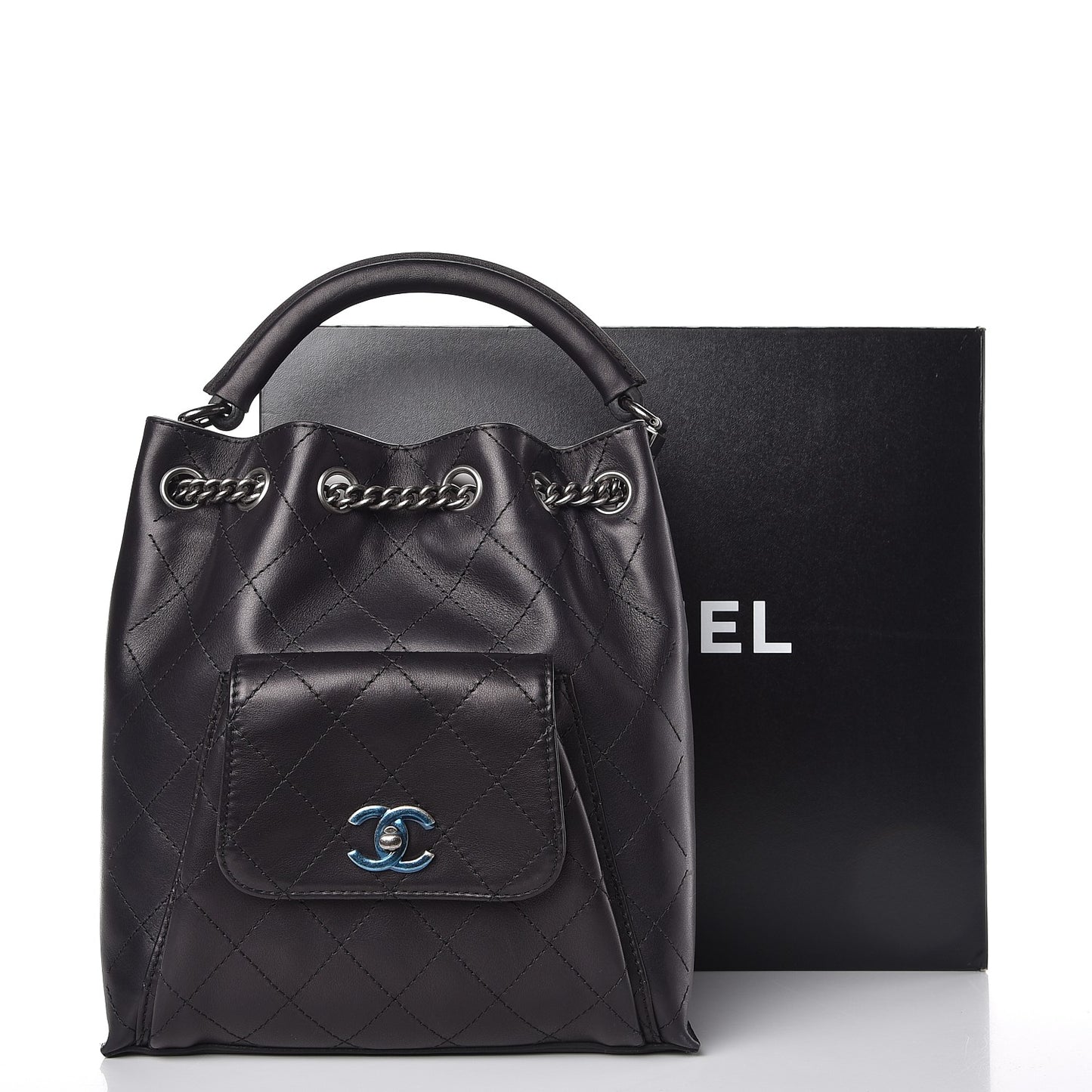 Calfskin Stitched Medium Urban Luxury Drawstring Backpack Black