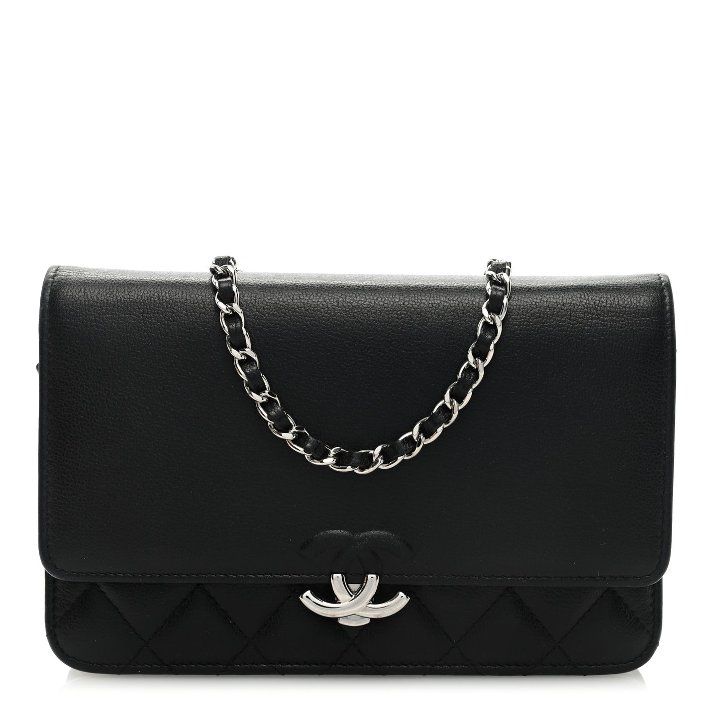 Grained Calfskin Quilted CC Box Wallet On Chain WOC Black