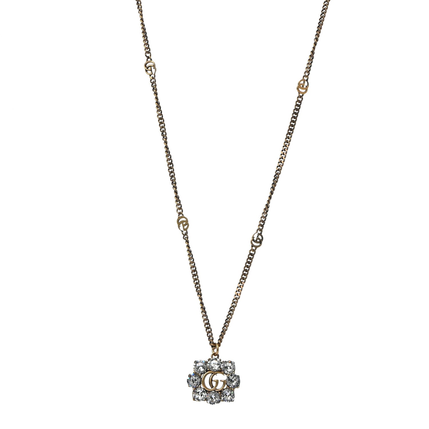 Gucci Crystal Embellished Double G Necklace Aged Gold 1 of 6