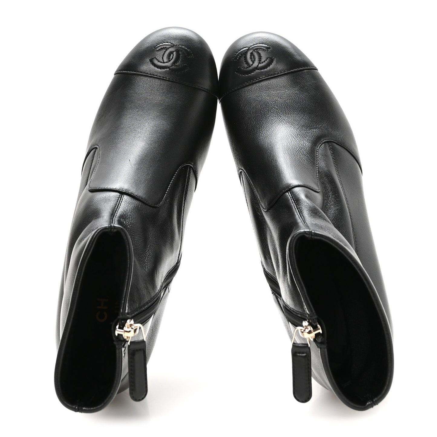 Stretch Lambskin Cap Toe CC Uniform Short Boots 38.5 Black
