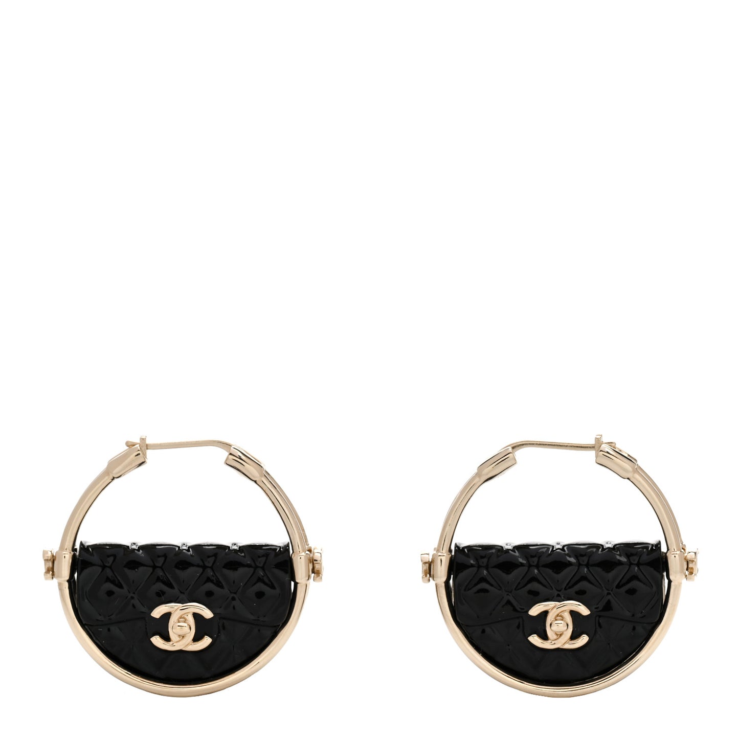 Metal Resin Quilted Flap Bag Hoop Earrings Black Gold