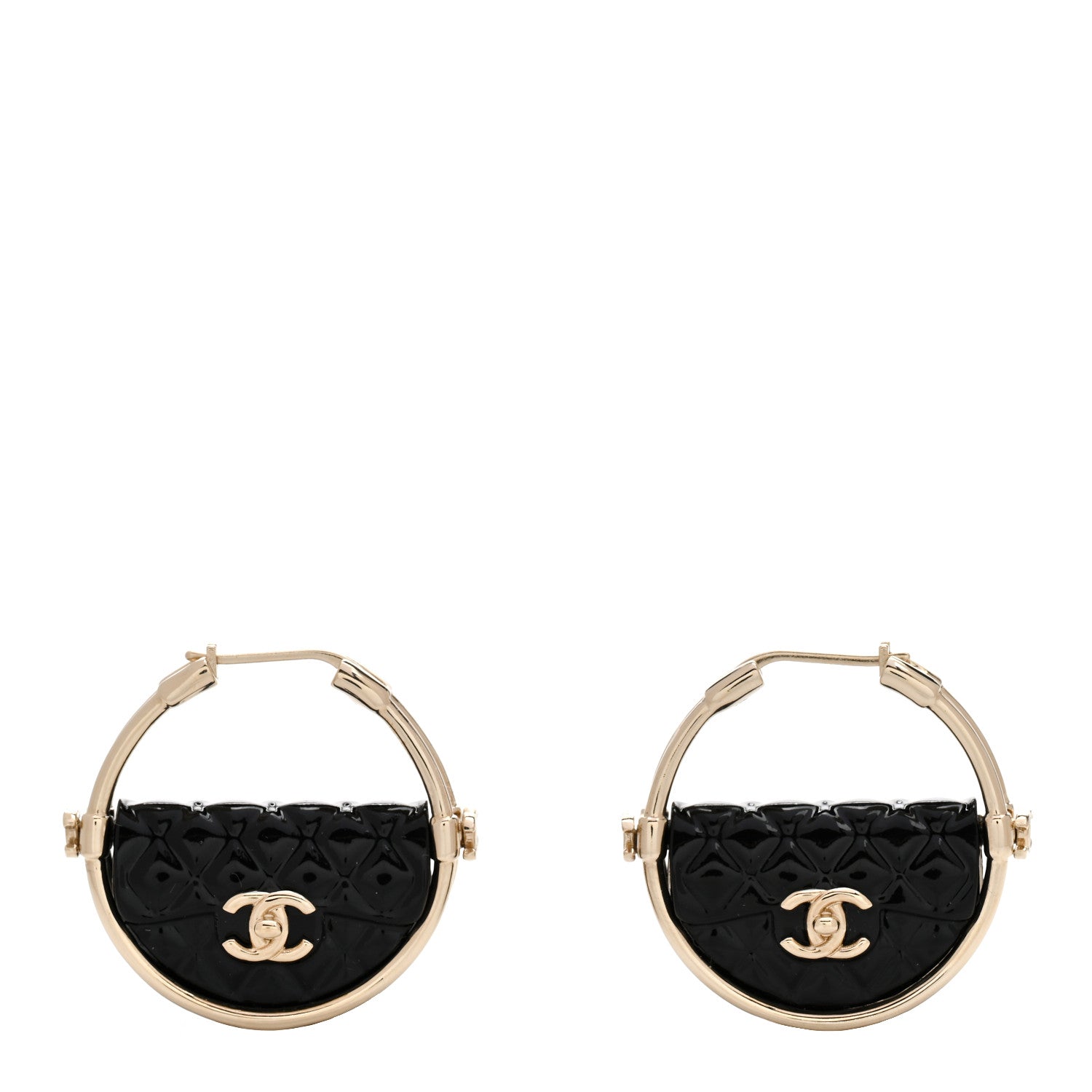 Chanel Metal Resin Quilted Flap Bag Hoop Earrings Black Gold 1 of 5