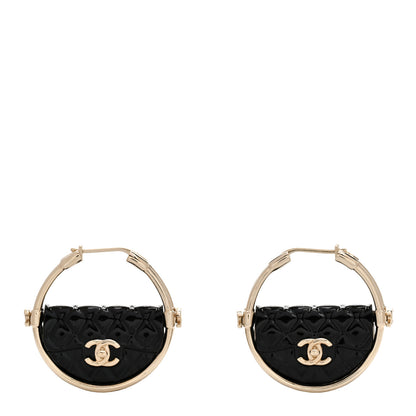 Chanel Metal Resin Quilted Flap Bag Hoop Earrings Black Gold 1 of 5