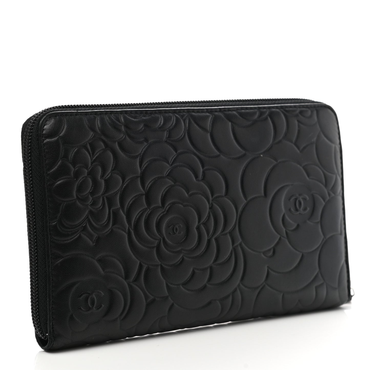 Lambskin Camellia Embossed Zip Around Organizer Wallet Black