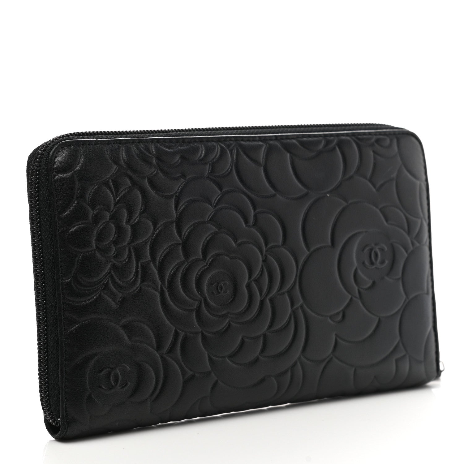 Chanel Lambskin Camellia Embossed Zip Around Organizer Wallet Black 3 of 14