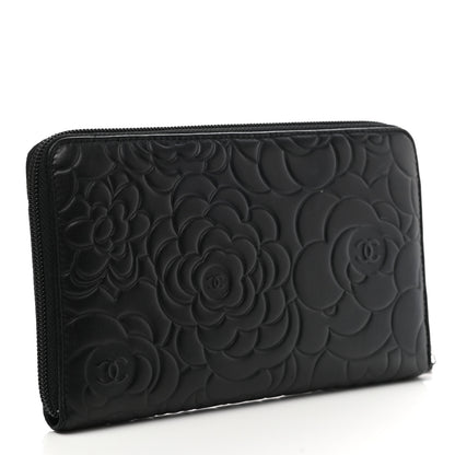 Chanel Lambskin Camellia Embossed Zip Around Organizer Wallet Black 3 of 14