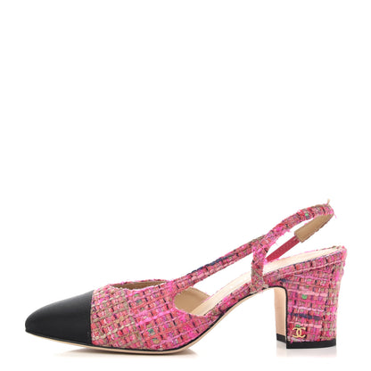 Chanel Tweed Grosgrain Cap Toe CC Slingback Pumps 39 Pink Black 1 of 11