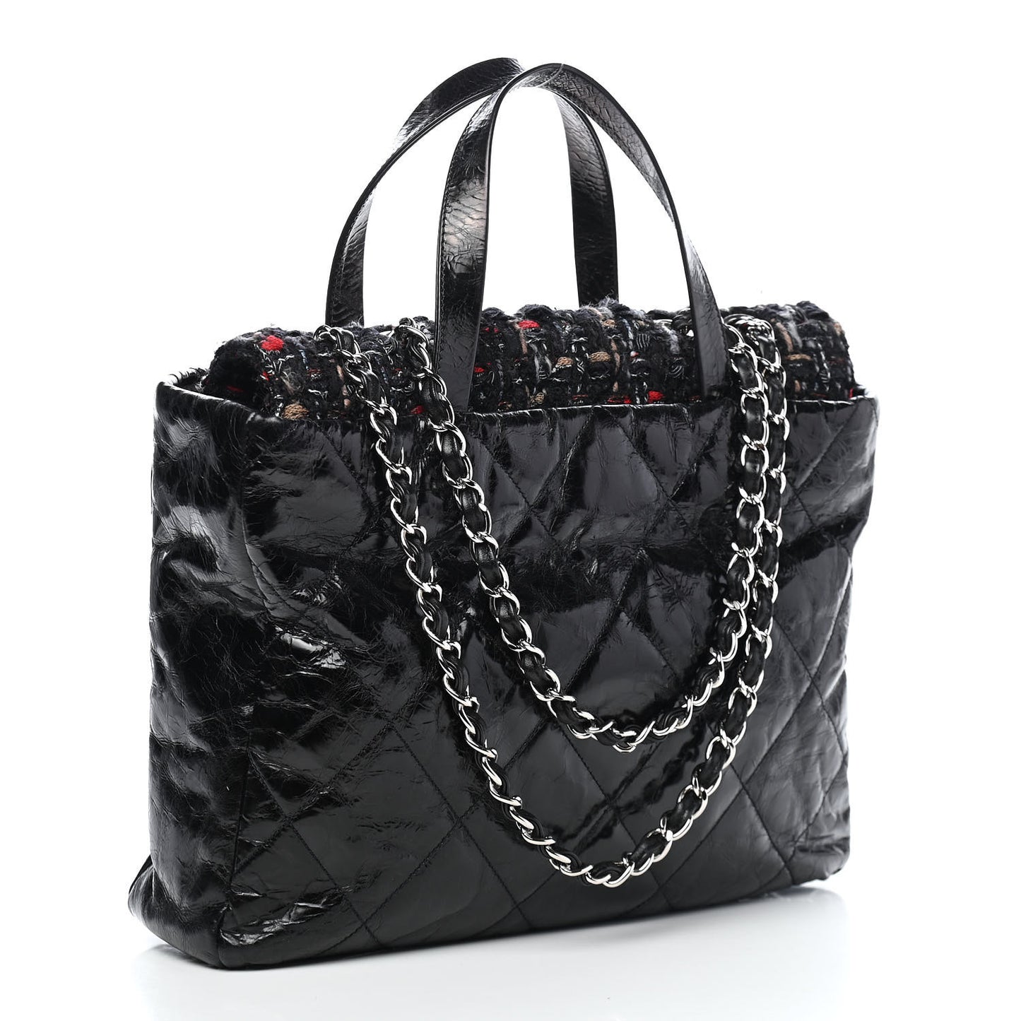 Glazed Calfskin Quilted Tweed Portobello Tote Black Red