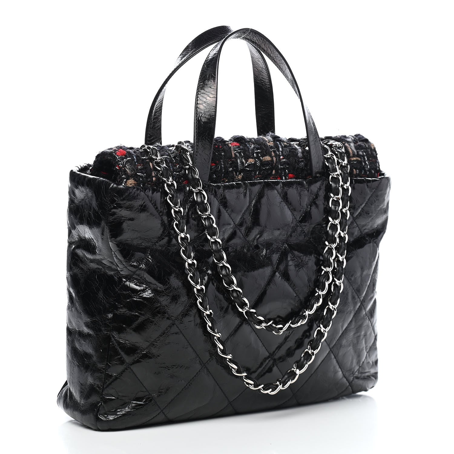 Chanel Glazed Calfskin Quilted Tweed Portobello Tote Black Red 3 of 12