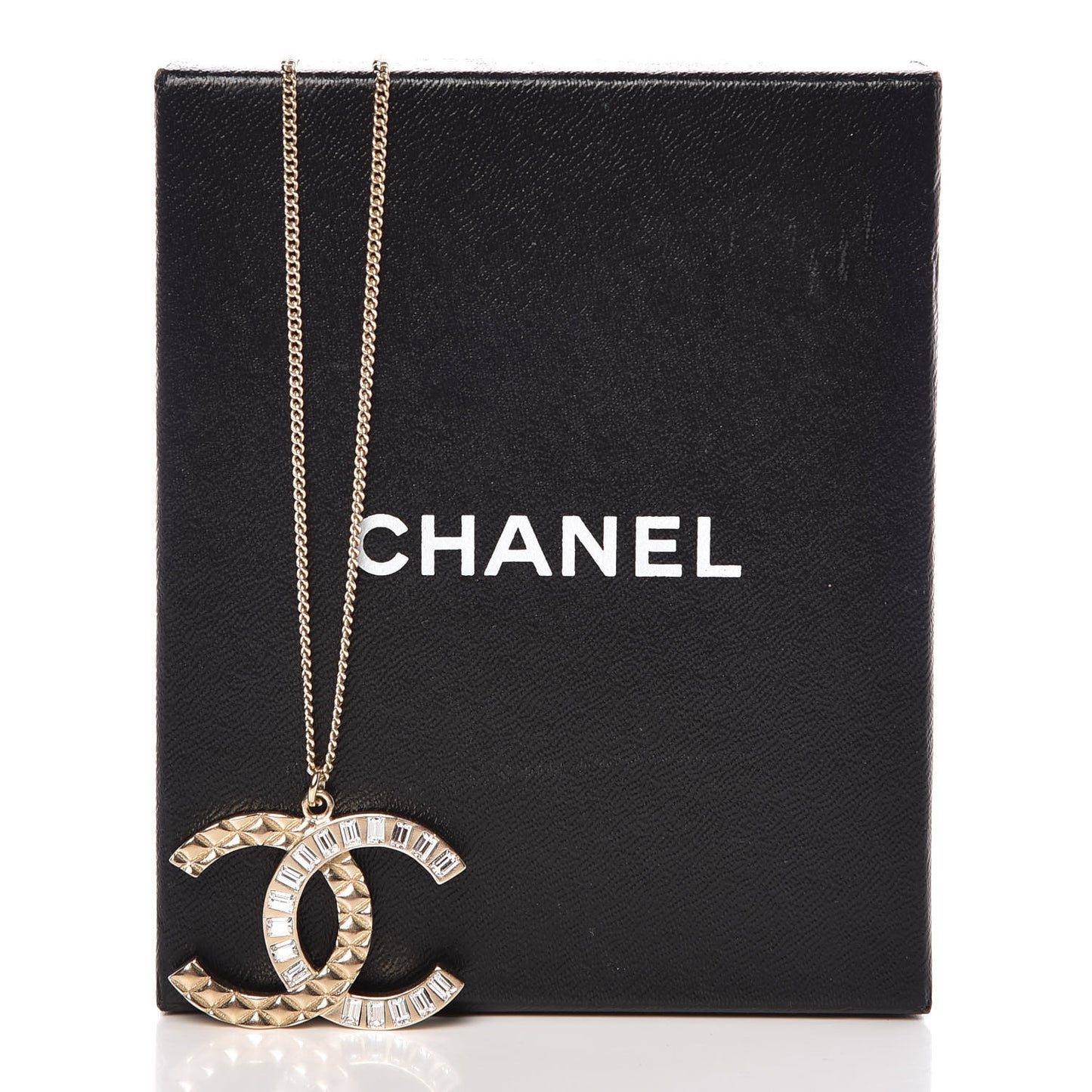 Baguette Crystal Quilted CC Pendant Necklace Gold