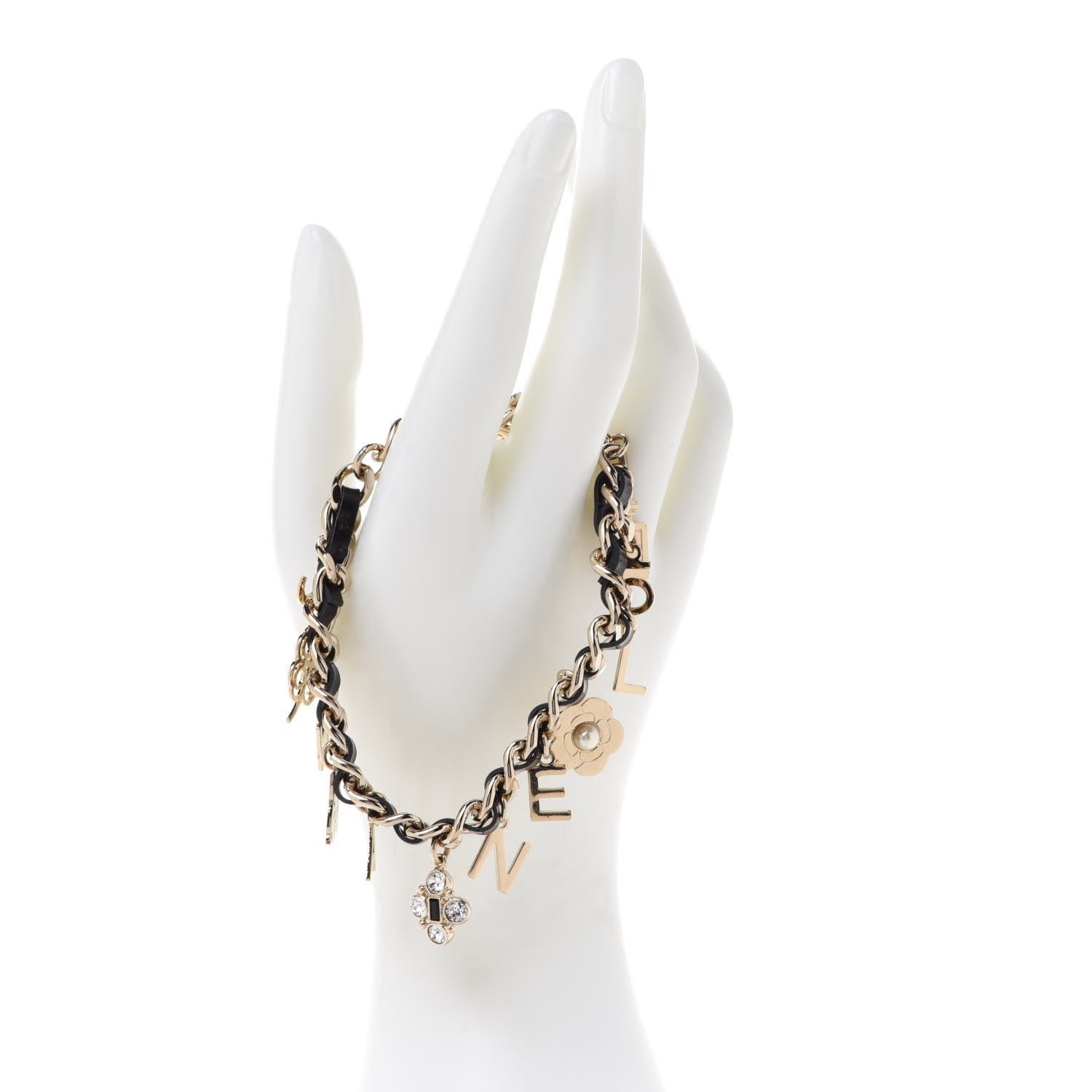 Chanel Metal Lambskin Crystal Chain CC Charms Bracelet Gold Black 2 of 7