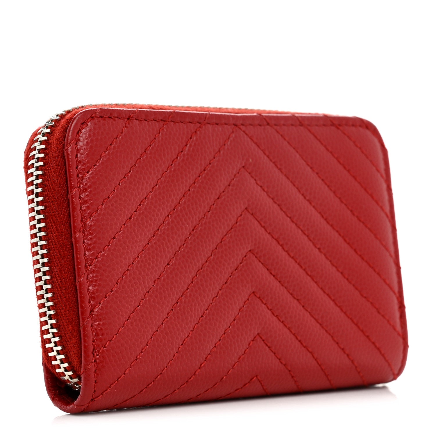 Chanel Caviar Chevron Quilted Zip Around Coin Purse Red 3 of 8