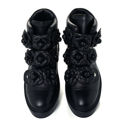 Chanel Lambskin Camellia High Top Sneakers 40 Navy 5 of 10