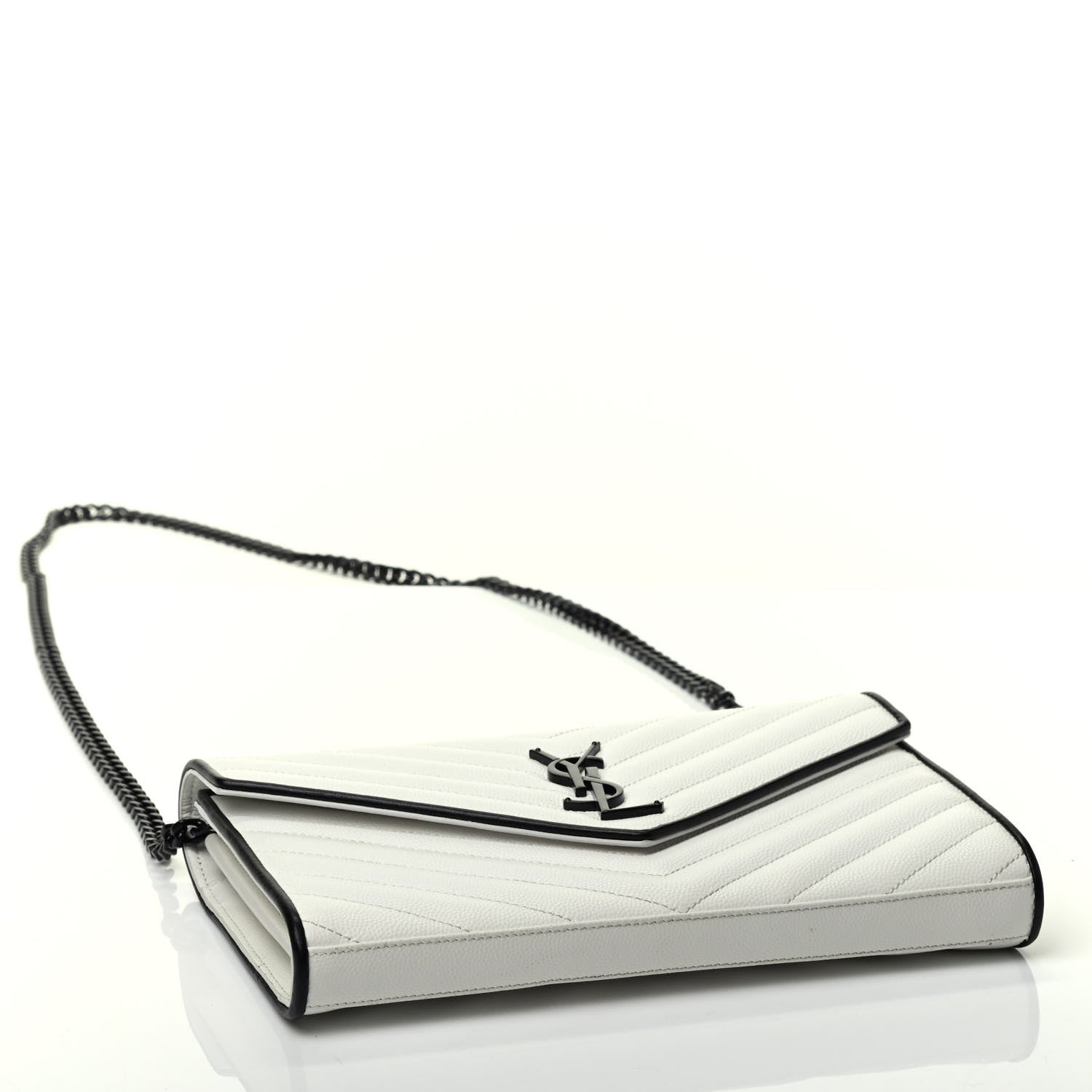 Saint Laurent Grain De Poudre Matelasse Monogram Chain Wallet White Black 3 of 4