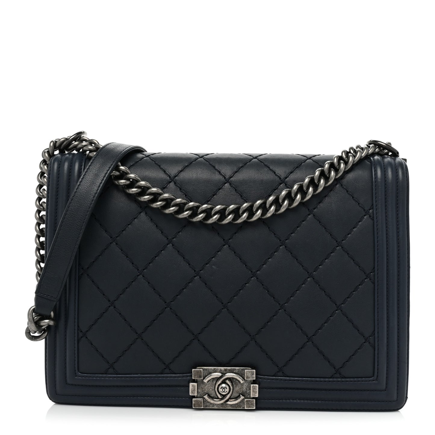 Calfskin Double Stitch Large Boy Flap Navy Blue