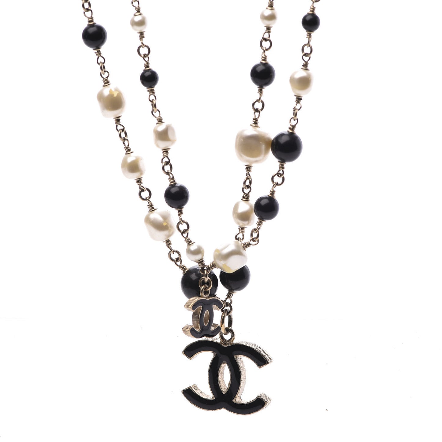 Pearl Bead Enamel CC Long Necklace Black Light Gold