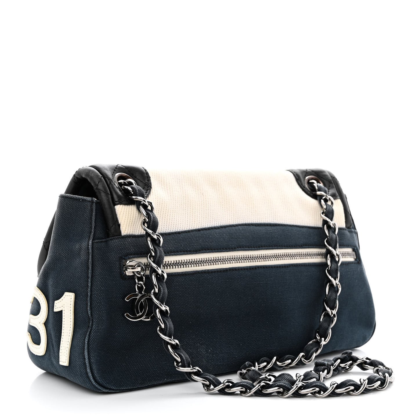 Canvas Lambskin Mademoiselle Lock Flap Navy White