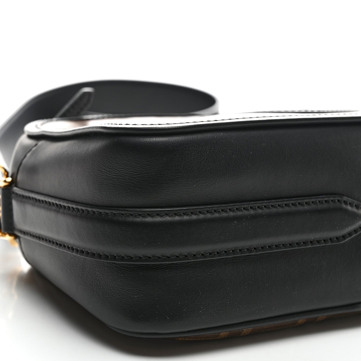 Glazed Fabric Vitello Century F is Fendi FF 1974 Stamp Patch Camera Case Mogano Panna Black