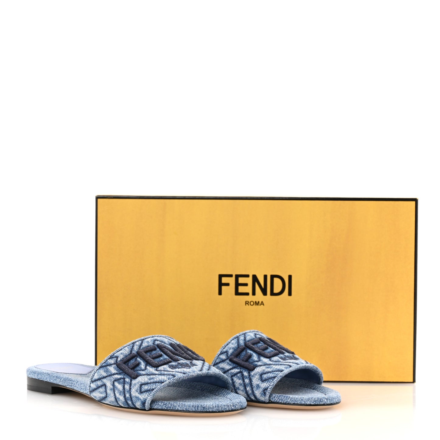 Denim Print Logo Flat Slide Sandals 36 Blue