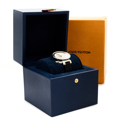 Louis Vuitton Stainless Steel Monogram 35mm Tambour Moon Dual Time Quartz Watch Silver 6 of 6