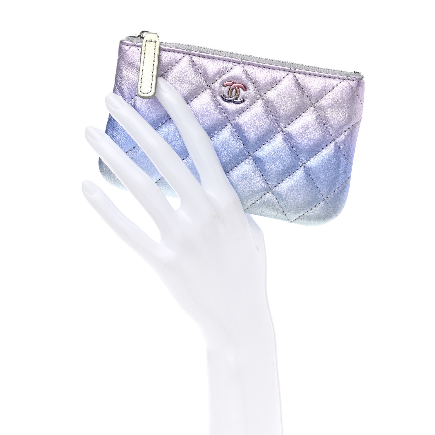 Chanel Gradient Metallic Calfskin Quilted Small Cosmetic Pouch Silver Blue Yellow Purple 2 of 8