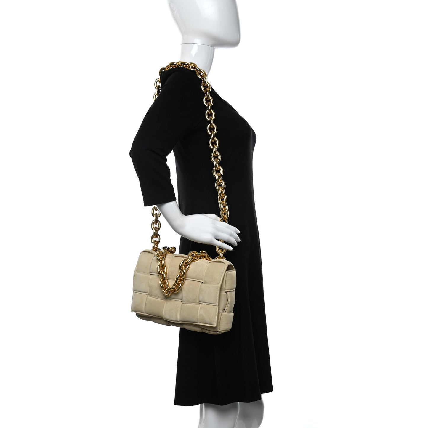 Suede Maxi Intrecciato Padded Chain Cassette Crossbody Bag Sand