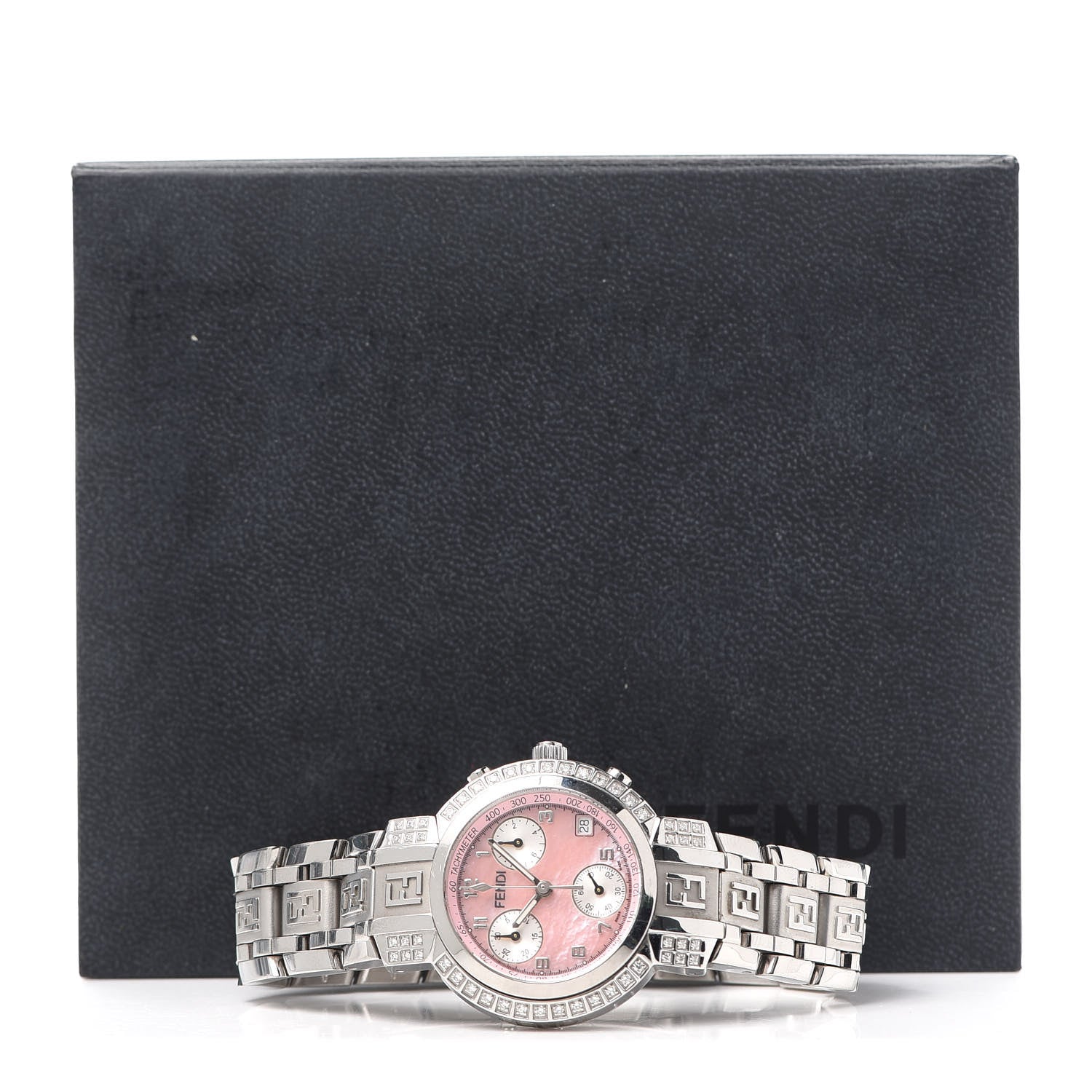 Fendi Stainless Steel Diamond Bezel Pink Mother of Pearl 32mm Orologi Zucca Chronograph Quartz Watch 6 of 6