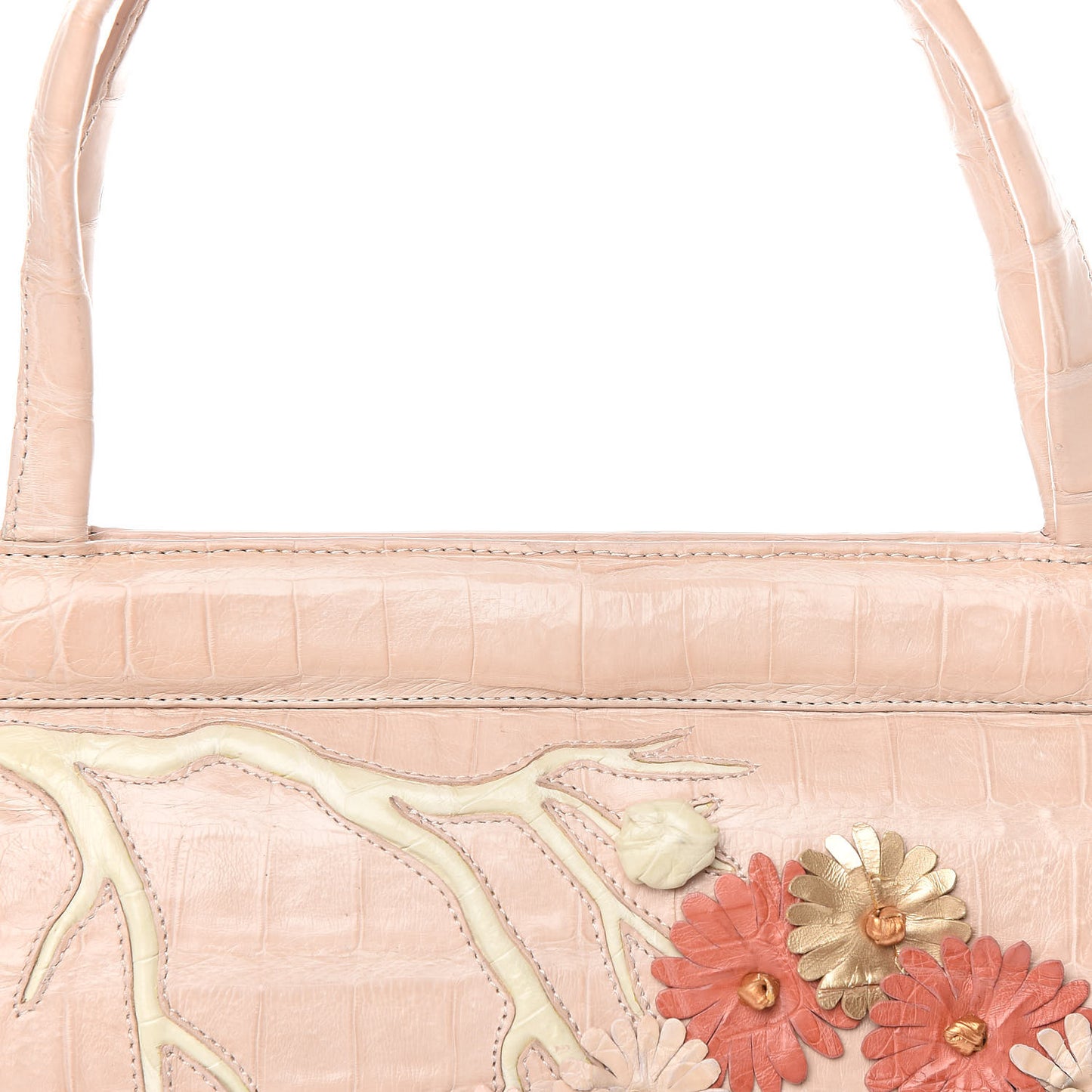 Crocodile Embroidered Floral Top Handle Bag Beige