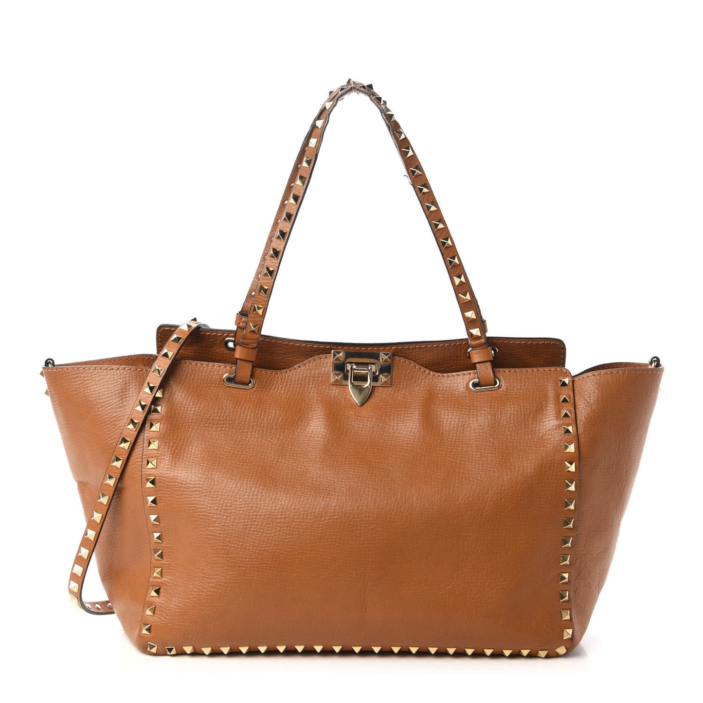 Textured Calfskin Medium Rockstud Tote Camel