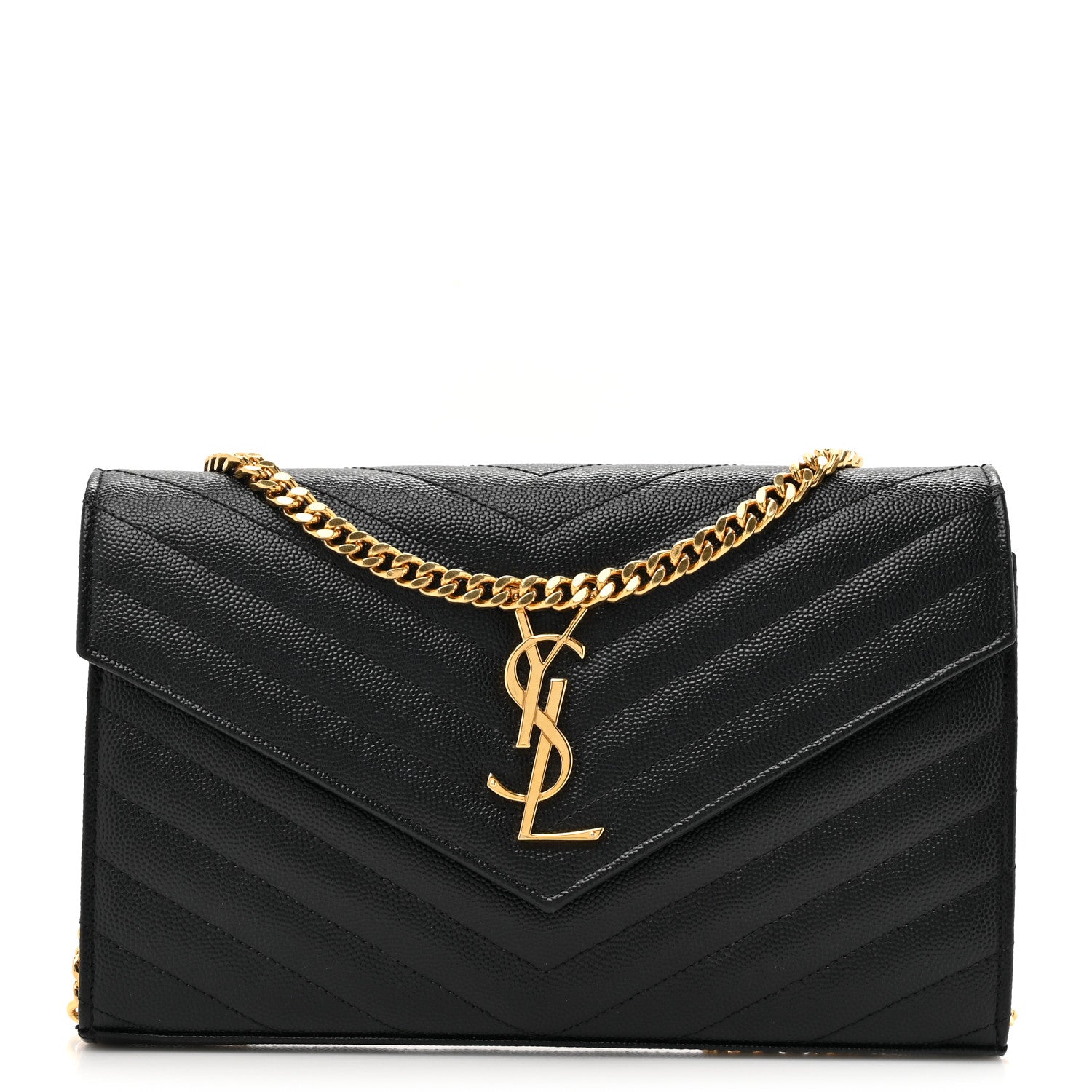 Saint Laurent Grain De Poudre Matelasse Chevron Monogram Chain Wallet Black 1 of 15