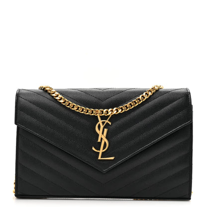 Saint Laurent Grain De Poudre Matelasse Chevron Monogram Chain Wallet Black 1 of 15