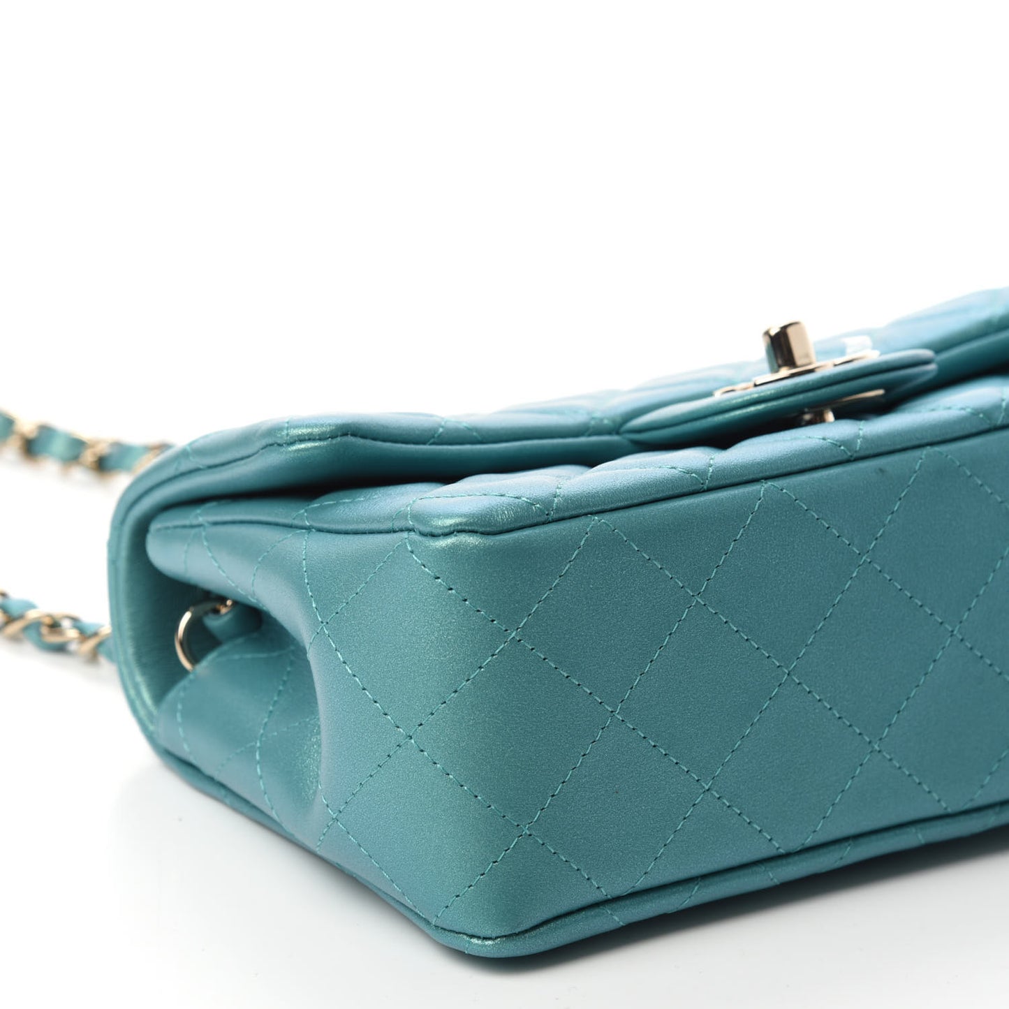 Iridescent Calfskin Quilted Mini Rectangular Flap Green