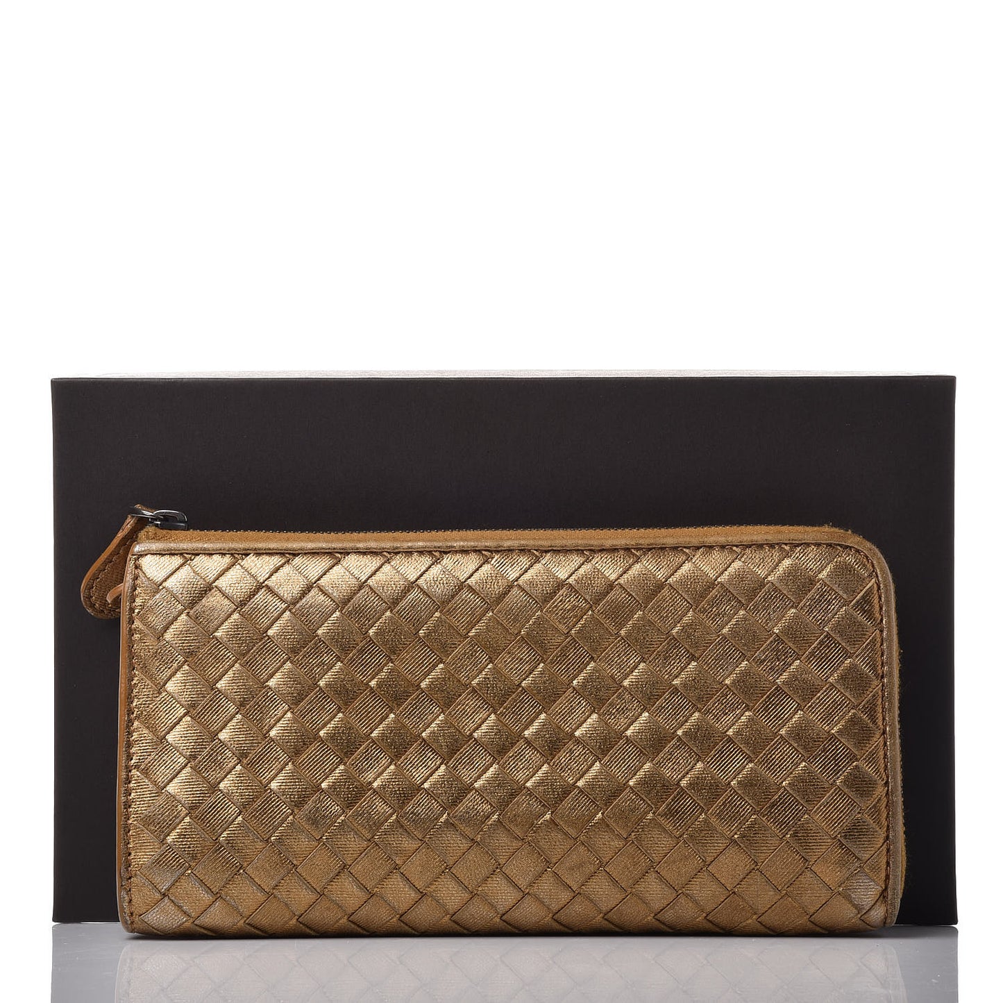 Metallic Grosgrain Intrecciato Zip Around Wallet Dark Gold