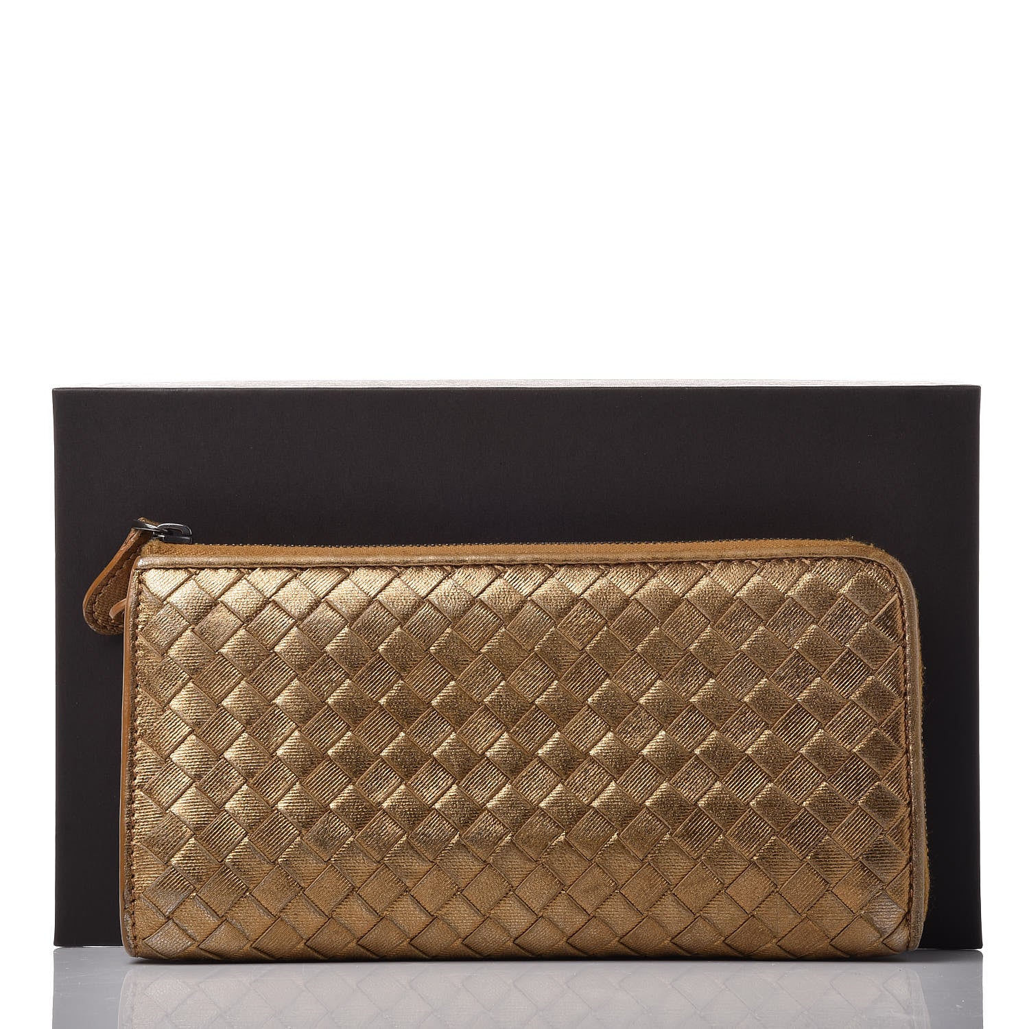 Bottega Veneta Metallic Grosgrain Intrecciato Zip Around Wallet Dark Gold 11 of 11
