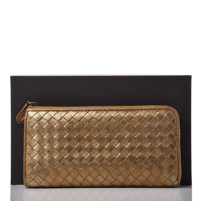 Bottega Veneta Metallic Grosgrain Intrecciato Zip Around Wallet Dark Gold 11 of 11