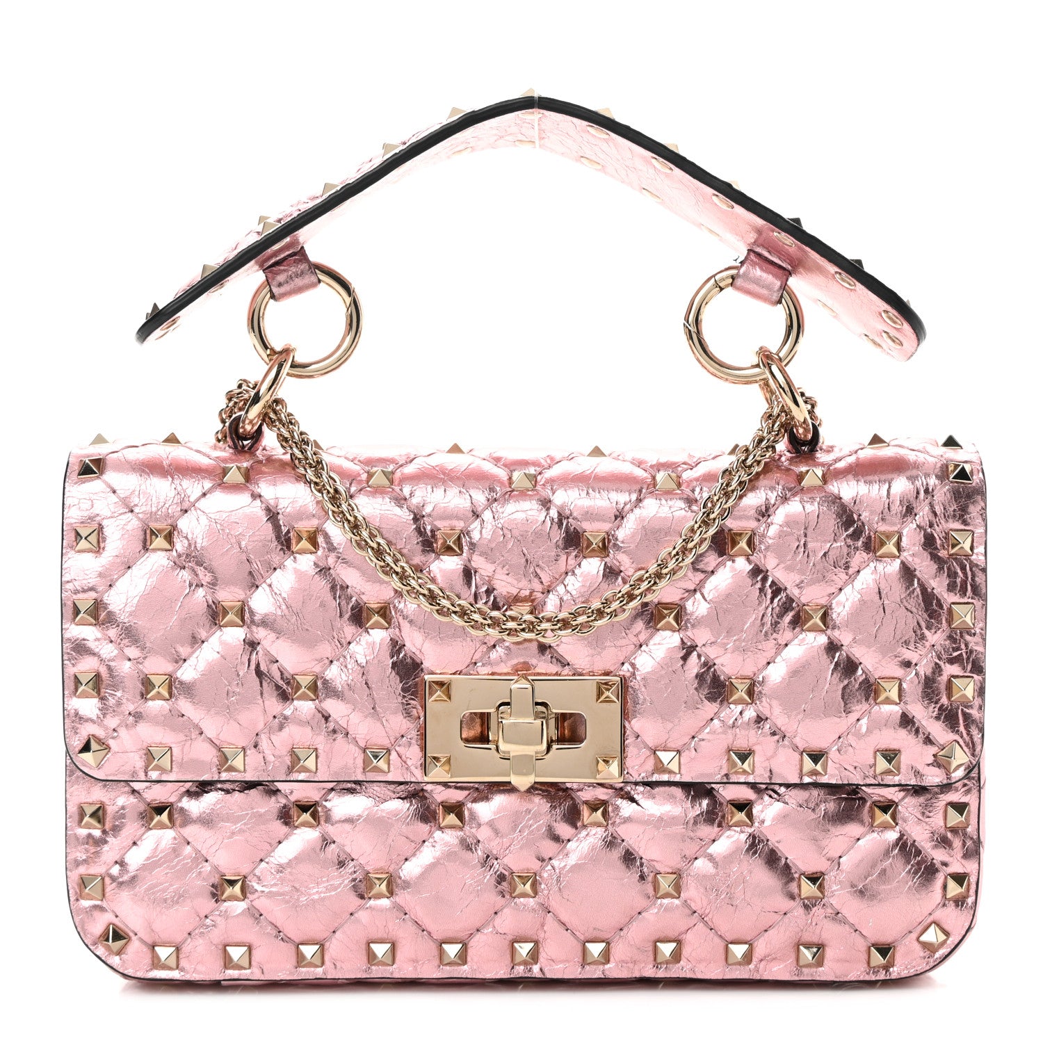 Valentino Garavani Metallic Wrinkled Lambskin Small Rockstud Spike Shoulder Bag Lipstick 1 of 10
